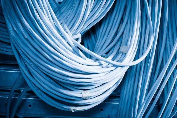 Подробности Большого Количества Кабелей Ethernet Связанных Между Собой Соединительными Стойками — стоковое фото