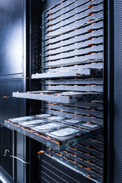 Close Hard Disk Drives Hosting Center Server Rack Filled Trays — Stock Photo, Image