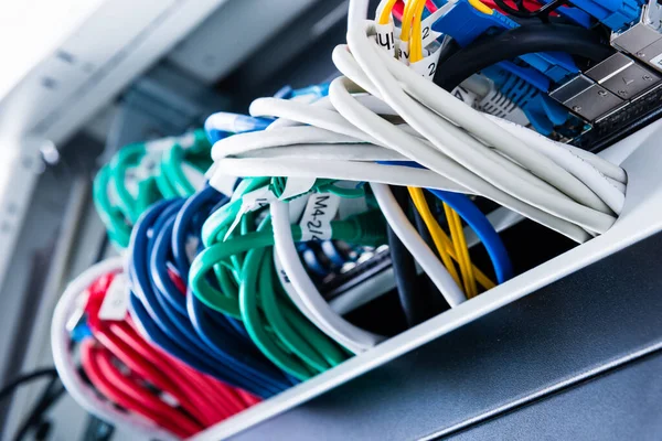 Colorful Patch Cables Connected Switch High Speed Internet Concept — Stock Photo, Image