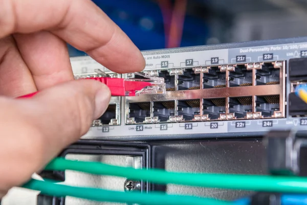 Closeup Dari Tangan Administrator Menghubungkan Kabel Jaringan Switch — Stok Foto