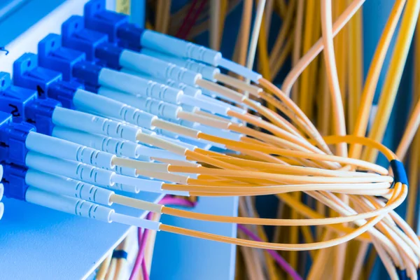 Fiber Optic Cables Plugged Network Switch Panel Data Center — Stock Photo, Image