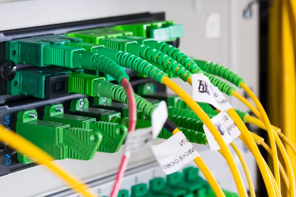 Nahaufnahme Von Glasfaserkabeln Die Mit Dem Server Hub Verbunden Sind — Stockfoto