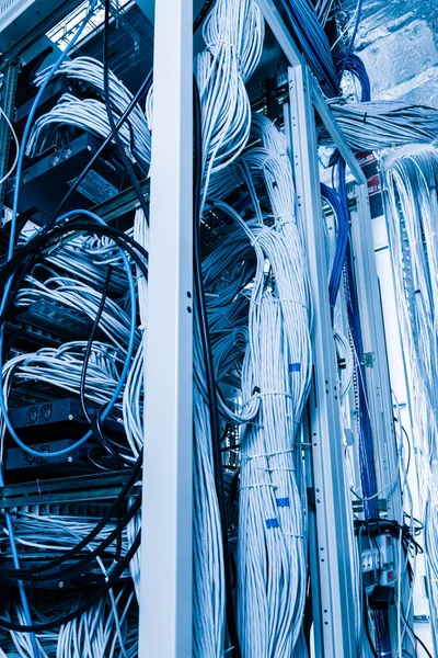 Részletezése Nagyszámú Ethernet Kábelek Összekötött Csatlakozó Állványok Belül Szerver Szoba — Stock Fotó