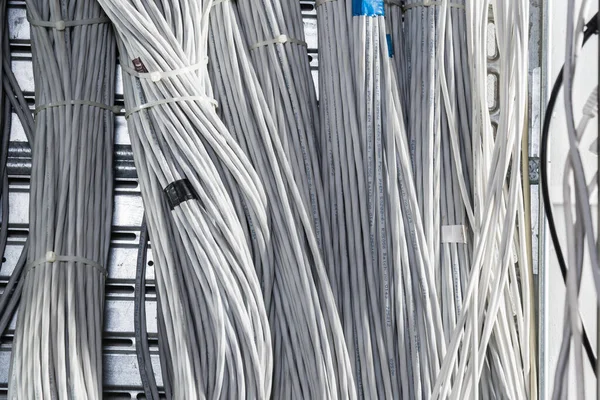 Подробности Большого Количества Кабелей Ethernet Связанных Между Собой Соединительными Стойками — стоковое фото