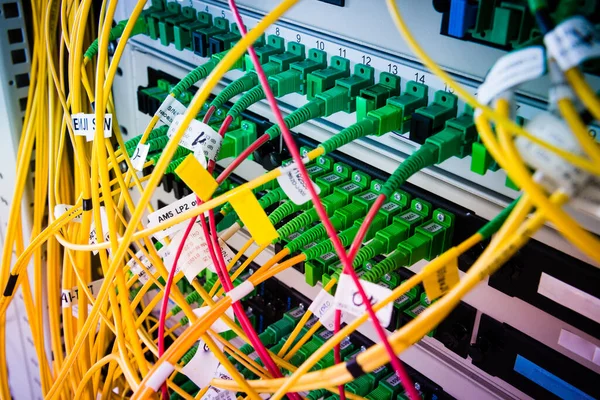 Close Fiber Optics Cables Connected Server Hub — Stock Photo, Image