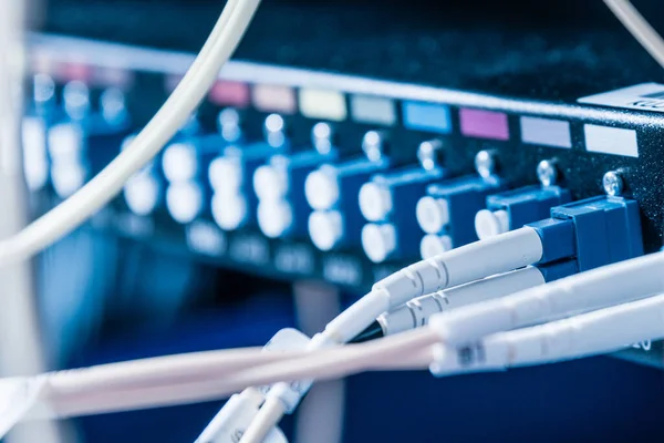 detail of server rack with fiber optic cables attached to front panel switch ports