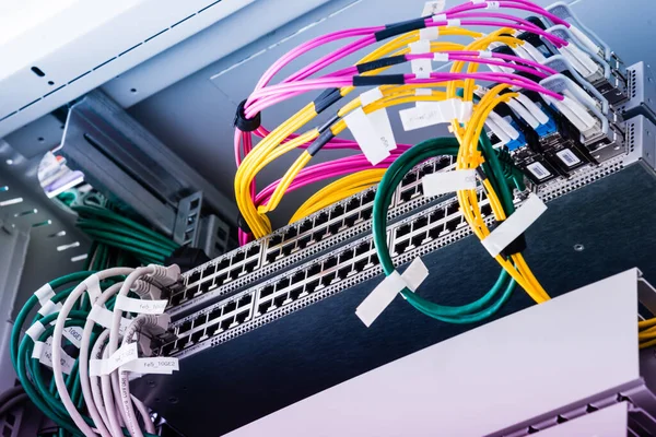 Fiber Optic cables connected to an optic ports - data switch in internet data center