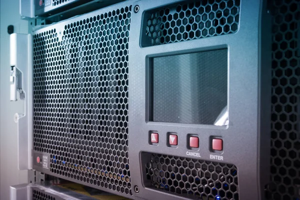Close-up of a server rack in data storage room