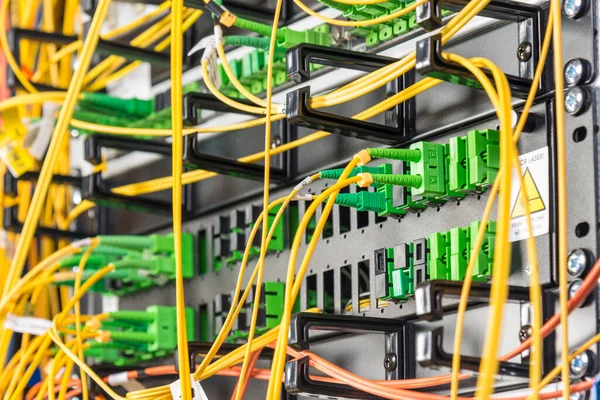 Detail Server Rack Fiber Optic Cables Attached Front Panel Switch — Stock Photo, Image