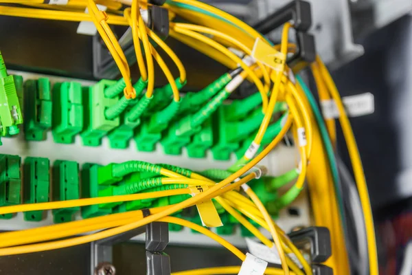 Detalle Del Rack Del Servidor Con Cables Fibra Óptica Conectados —  Fotos de Stock