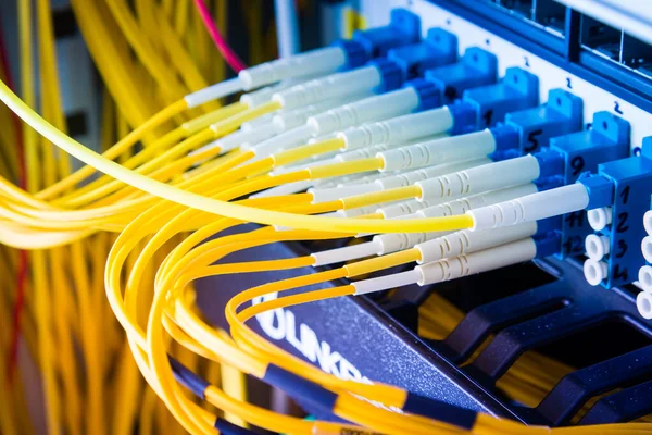 fiber optic cables plugged in network switch panel inside data center