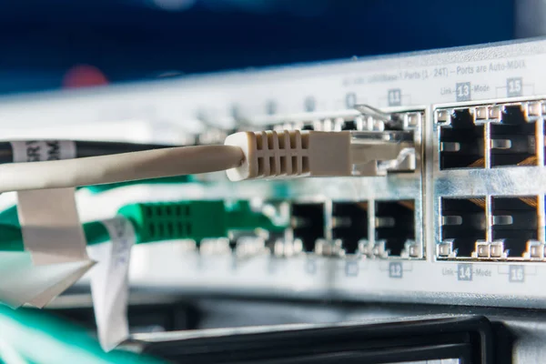 Szczegóły Dotyczące Serwera Kablami Łatkowymi Podłączonymi Portów Ethernet — Zdjęcie stockowe