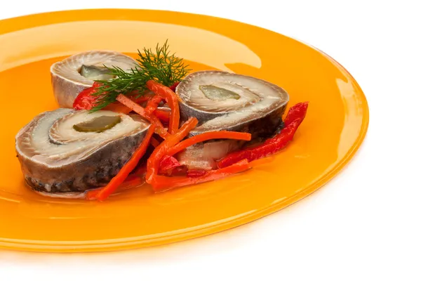 Rolls of herring with pickled cucumber and pepper Zdjęcie Stockowe