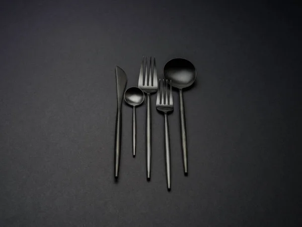 Black Silverware Black Background — Stock Photo, Image