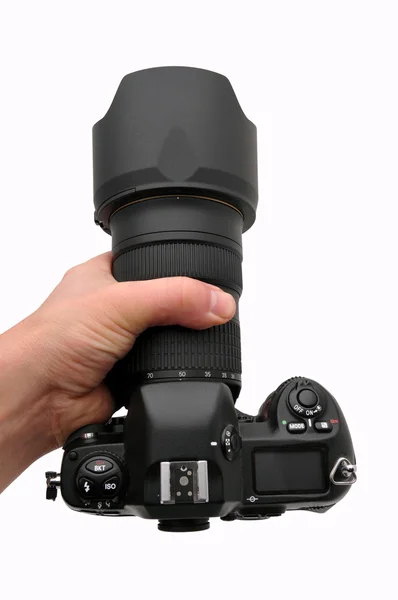 Professzionális Slr fényképezőgép a kézben elszigetelt Stock Kép