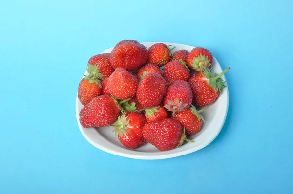 Strawberries Plate Blue Background — 图库照片