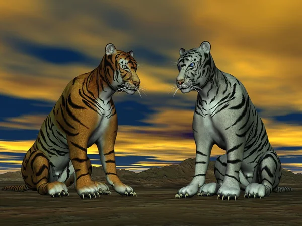 Two tigers and cloudy sky