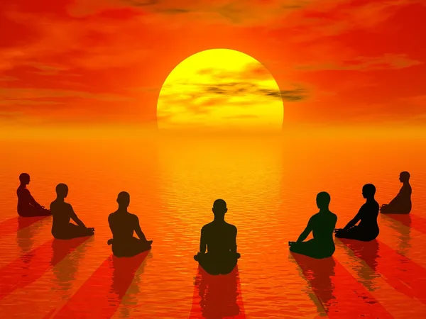 Meditation bei Sonnenuntergang - 3D-Darstellung — Stockfoto