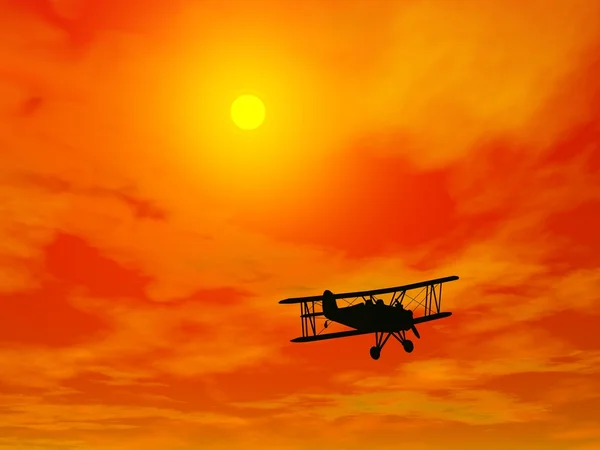 Biplan i brinnande himmel - 3d render — Stockfoto