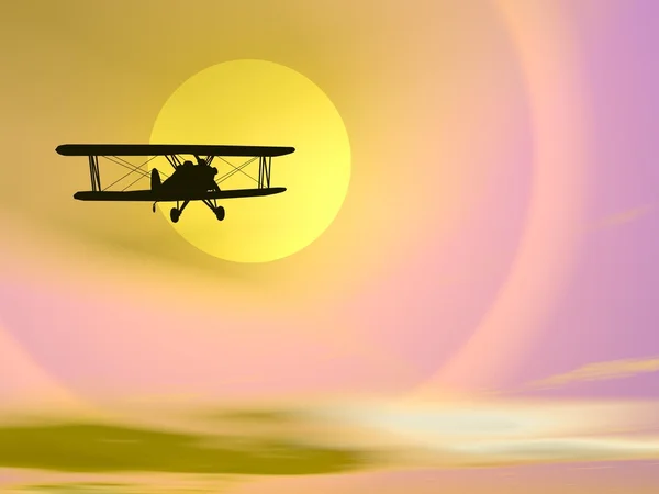 Biplan bakom sun - 3d render — Stockfoto