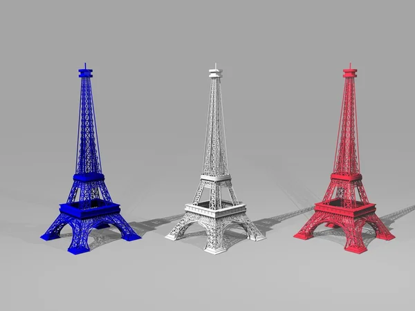 French flag colors on three Eiffel towers - 3D render — Stock Photo, Image