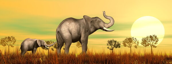 Elephant mum and baby in the savannah - 3D render
