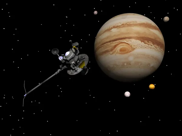 Nave espacial Voyager cerca de Júpiter y sus satélites - 3D render —  Fotos de Stock