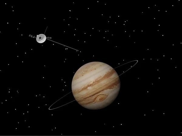 Nave espacial Voyager cerca de Júpiter y su anillo desconocido - 3D render —  Fotos de Stock