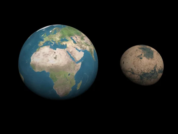 Comparación de tamaño de planetas Tierra y Marte - 3D render —  Fotos de Stock