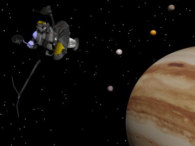 Voyager uzay yakın Jüpiter ve onun uydular - 3d render
