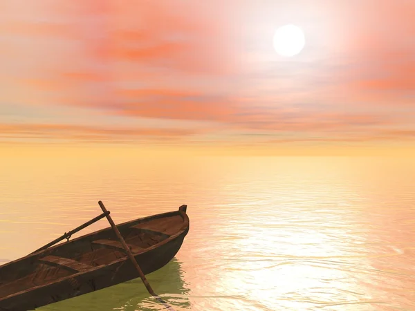 Old wood boat by sunset - 3d render — Stock Photo, Image