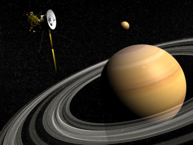 Cassini uzay aracının Satürn ve titan - 3d render uydu