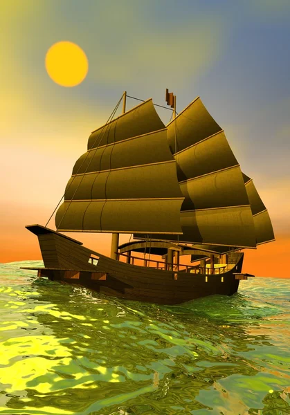 Oriental junk by sunset - 3D render — Stock Photo, Image