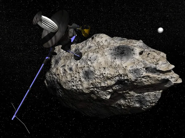 Galileo spacecraft discovering Dactyl orbiting the asteroid Ida — Stock Photo, Image