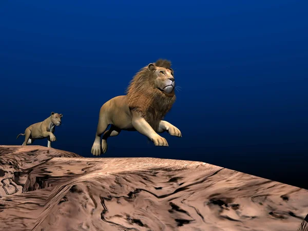 Lejon och lejoninna kör - 3d render — Stockfoto