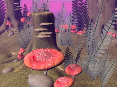 sinek agaric mantar orman - 3d render içinde