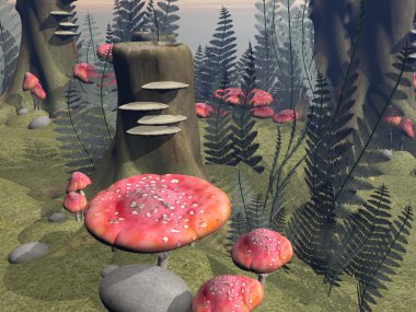 sinek agaric mantar orman - 3d render içinde