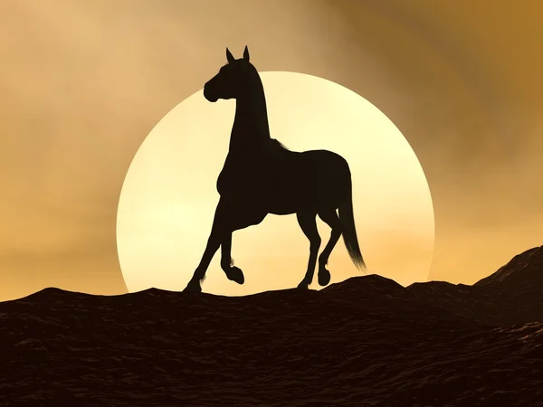 Kůň tryskem do západu slunce - 3d vykreslení — Stock fotografie