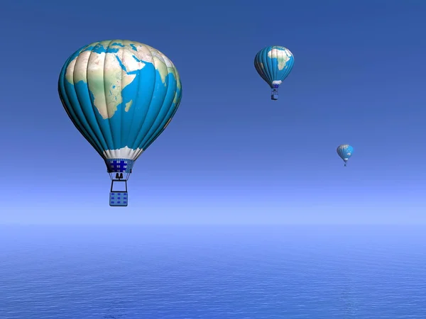 Hot air balloons with earth map - 3D render — Stock Photo, Image