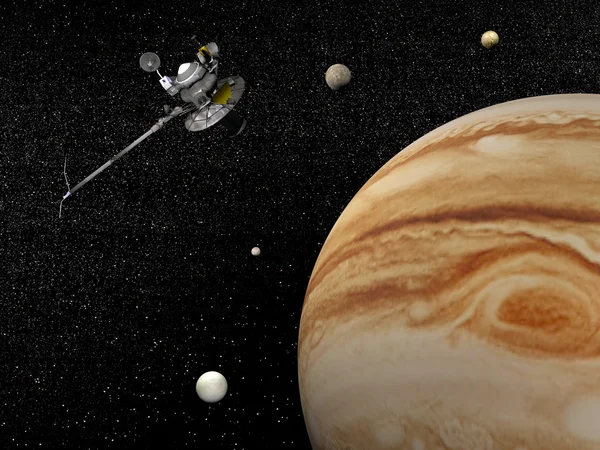 Voyager spacecraft near Jupiter and its satellites - 3D render — Stock Photo, Image