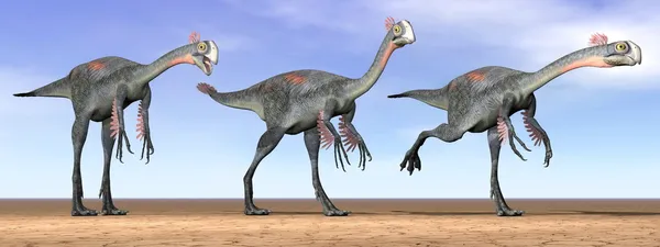Dinosaurios gigantoraptores en el desierto - 3D render —  Fotos de Stock