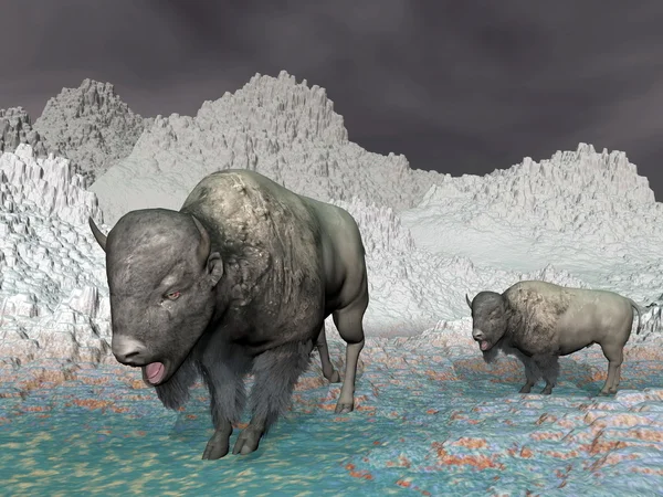 Bisons en montagne - rendu 3D — Photo