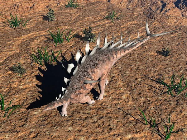 Dinossauro Kentrosaurus no deserto renderizar 3D — Fotografia de Stock