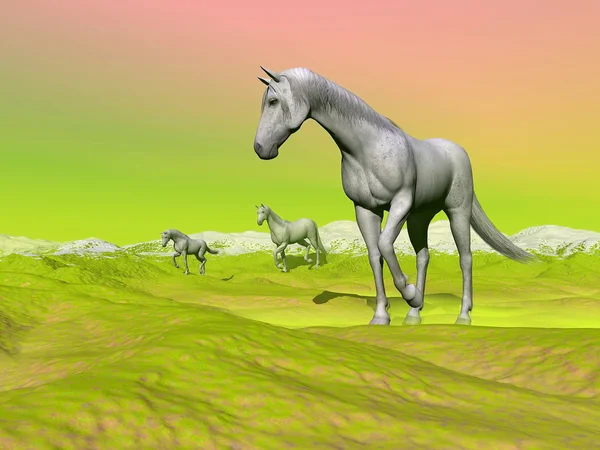 Cavalos em paisagem verde - renderização 3D — Fotografia de Stock