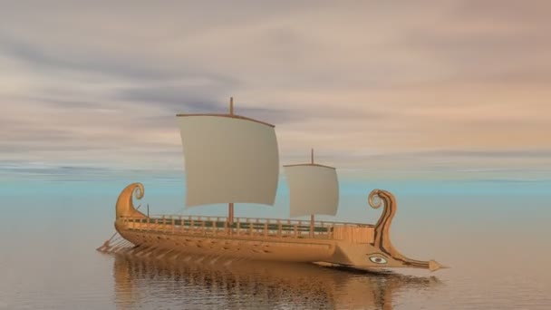 Trireme boat the ocean - 3D render — стоковое видео