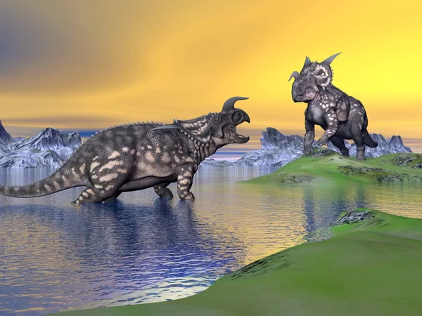 Dinossauros Einiosaurus ao pôr-do-sol renderizar 3D — Fotografia de Stock