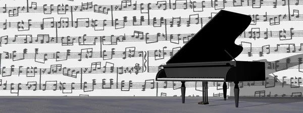 Notas musicales en torno al piano de cola - 3D render — Foto de Stock