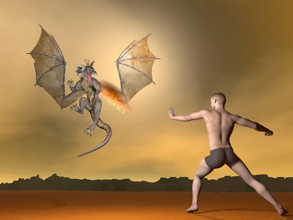 Man fighting dragon - 3D render — Stock Photo, Image