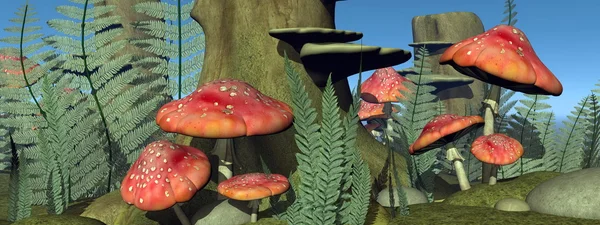 Fly agaric mushrooms in the forest - 3D render — Stock Photo, Image