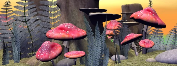 飞木耳蘑菇在森林-3d 渲染 — 图库照片